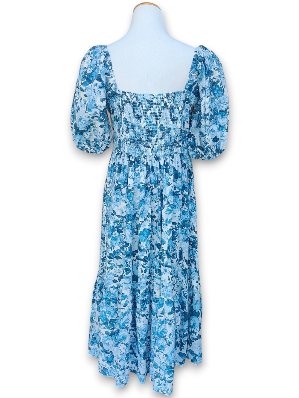 Abercrombie & Fitch Emerson Blue Floral Poplin Puff Sleeve Midi Dress Size LT - Picture 6 of 10